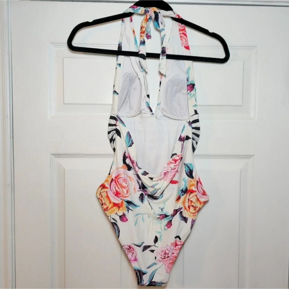 CUPSHE Floral Stripe One Piece Swimsuit Halter Plunge Neck Tummy Control Size M